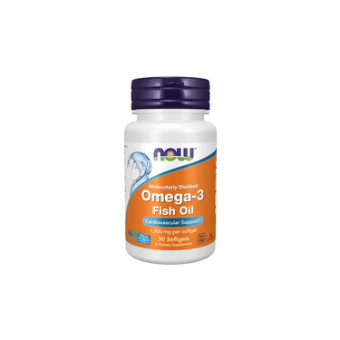 A white bottle of Now Foods Molecularly Distilled Omega-3 Fish Oil 1000 mg, 30 softgels, rich in EPA and DHA, features an orange label and blue cap.